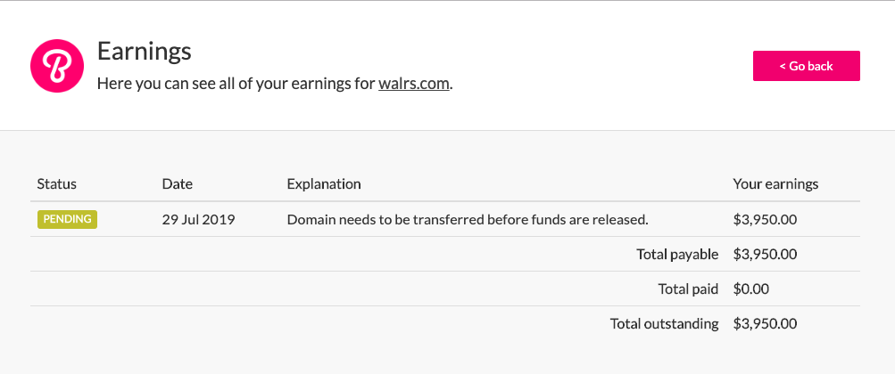 Reviewing seller earnings for a sale on Brandpa